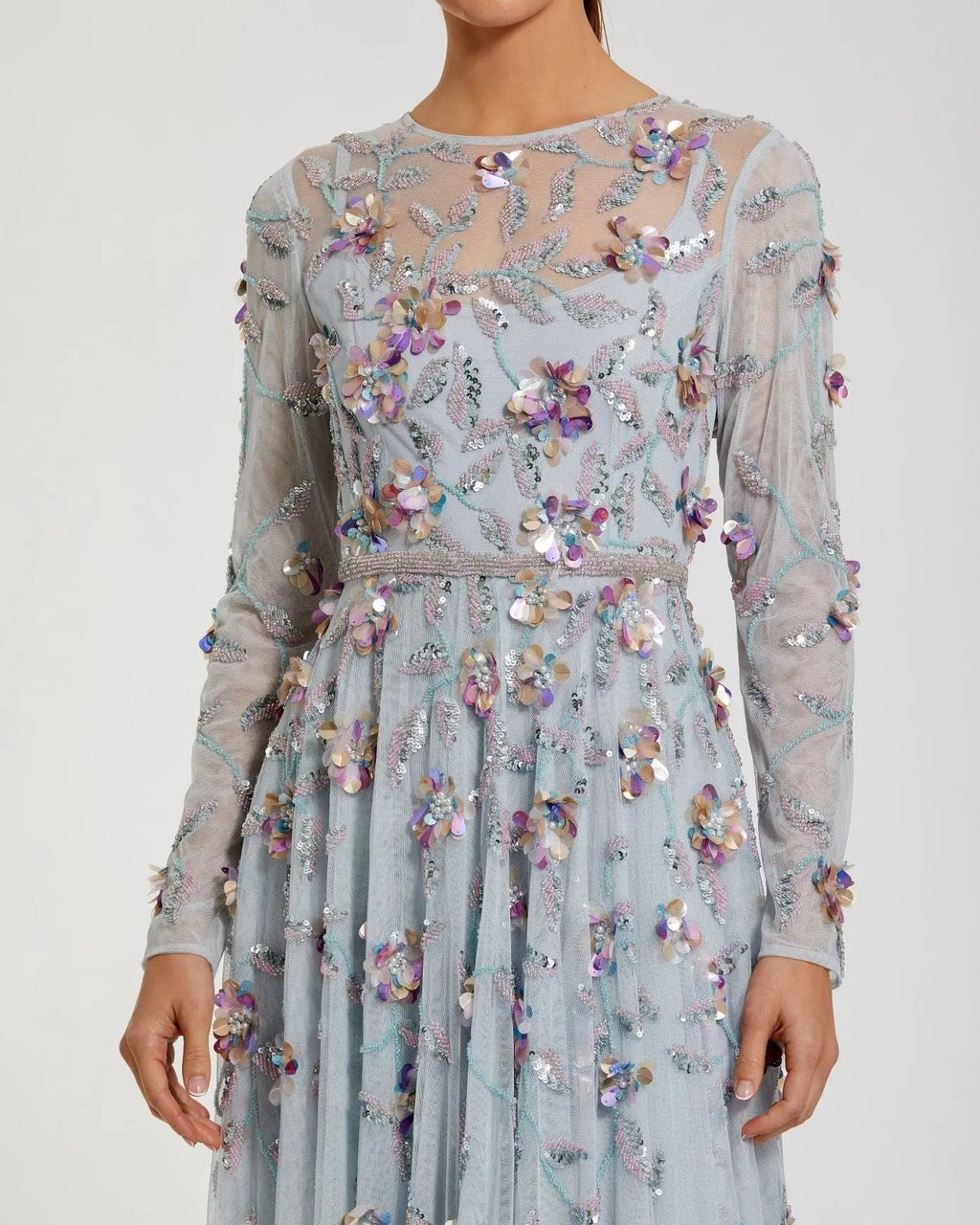 Light Blue Long Sleeve Floral Embellished Evening Gown