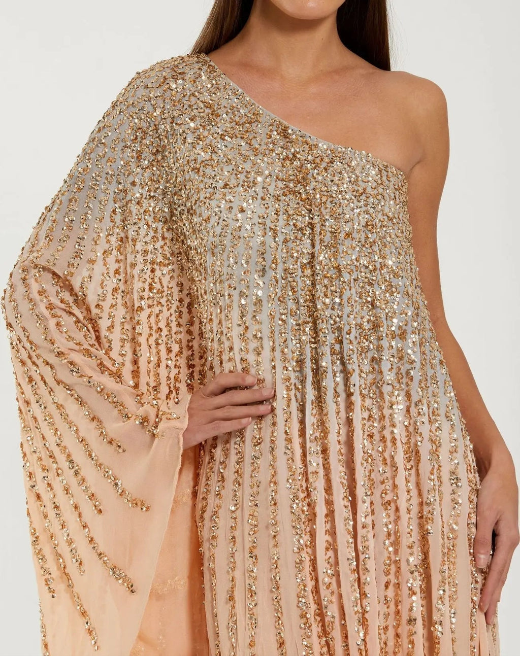 Light Orange One Shoulder Ombre Sequin Kaftan Dress