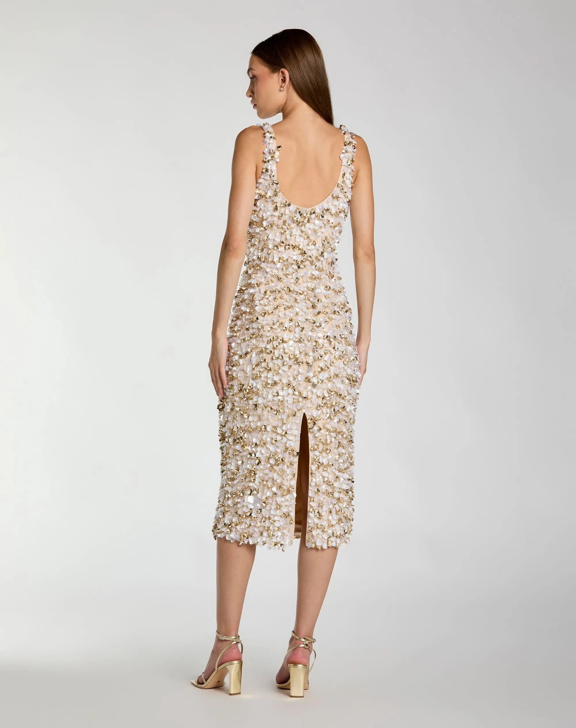 Beige Sleeveless Paillette Embellished Fitted Midi Dress