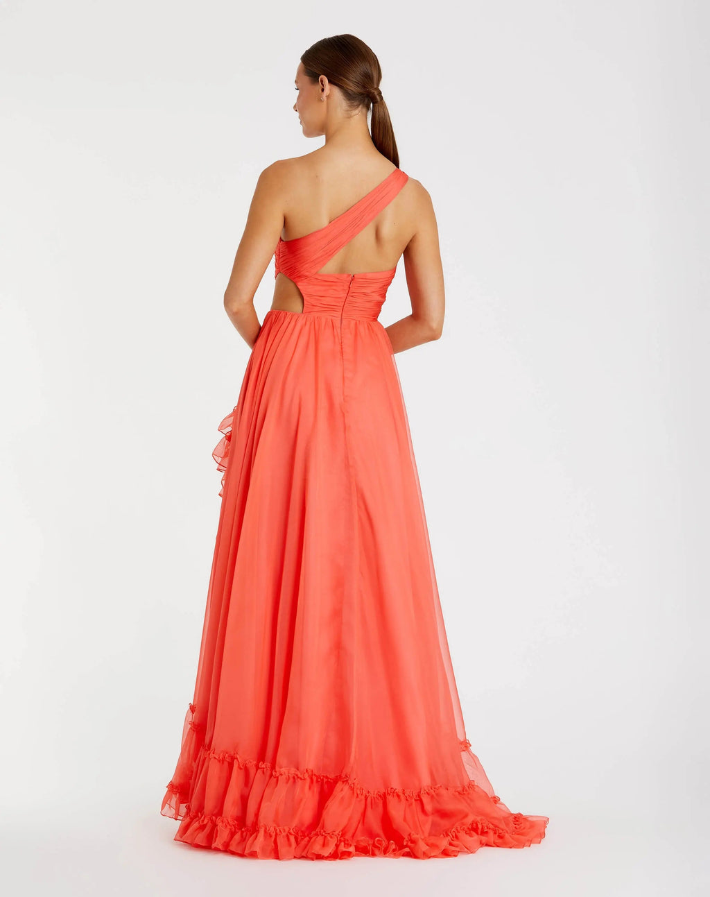 Orange One Shoulder High Low Ruffled Chiffon Gown
