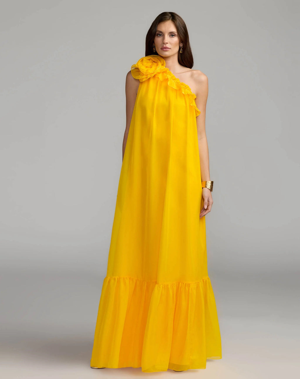 Yellow One Shoulder Chiffon Gown With 3D Rosette