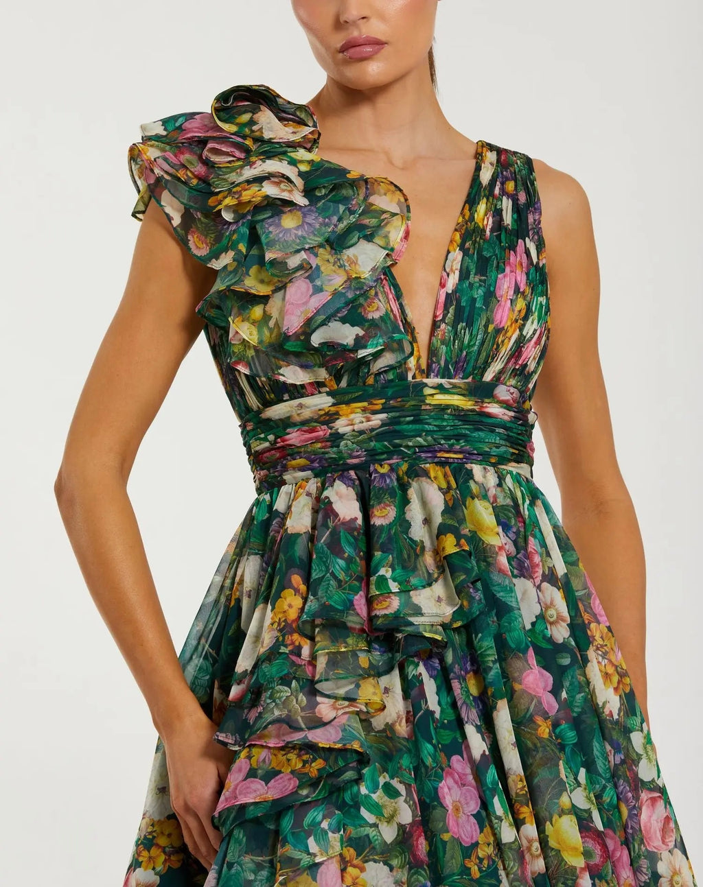 Green Sleeveless V-Neck Floral Chiffon Ruffle Ball Gown