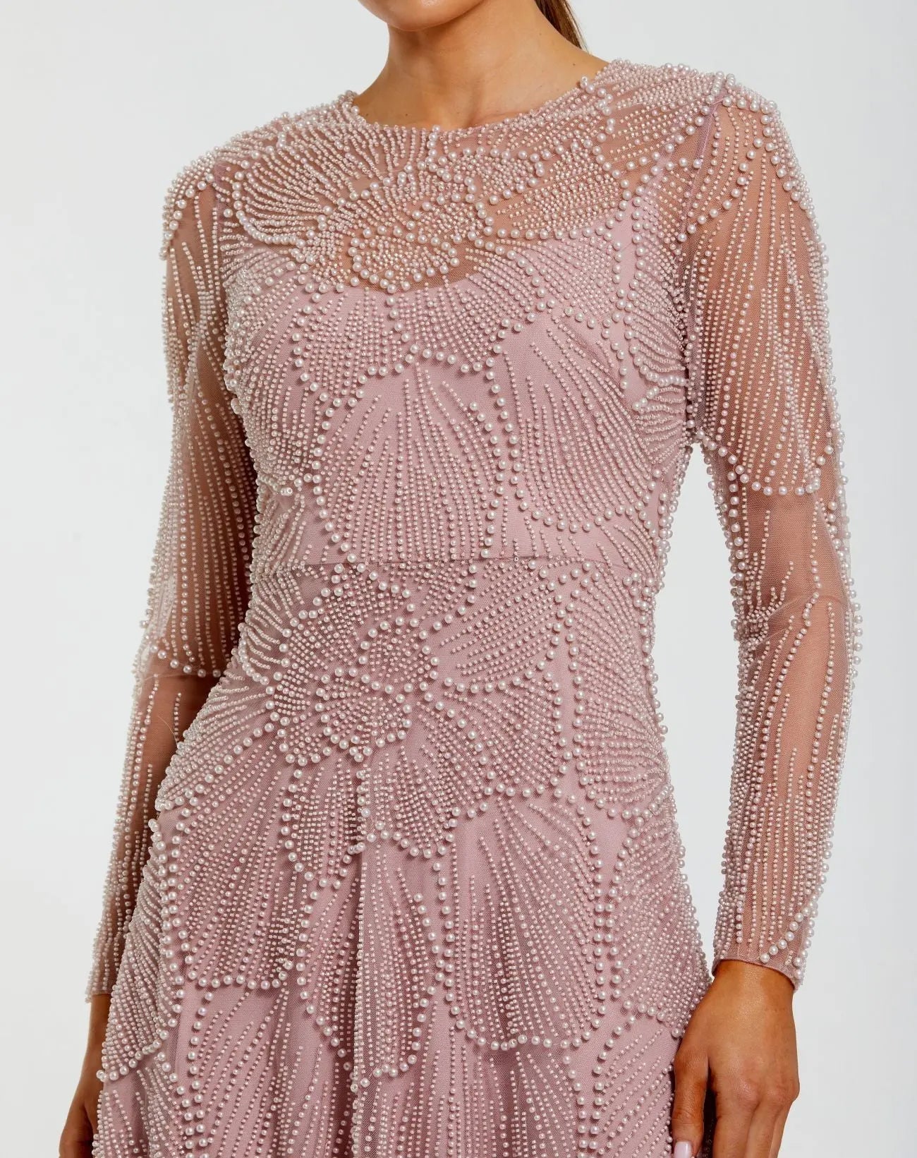 Pink Beaded High Neck Long Sleeve A Line Gown