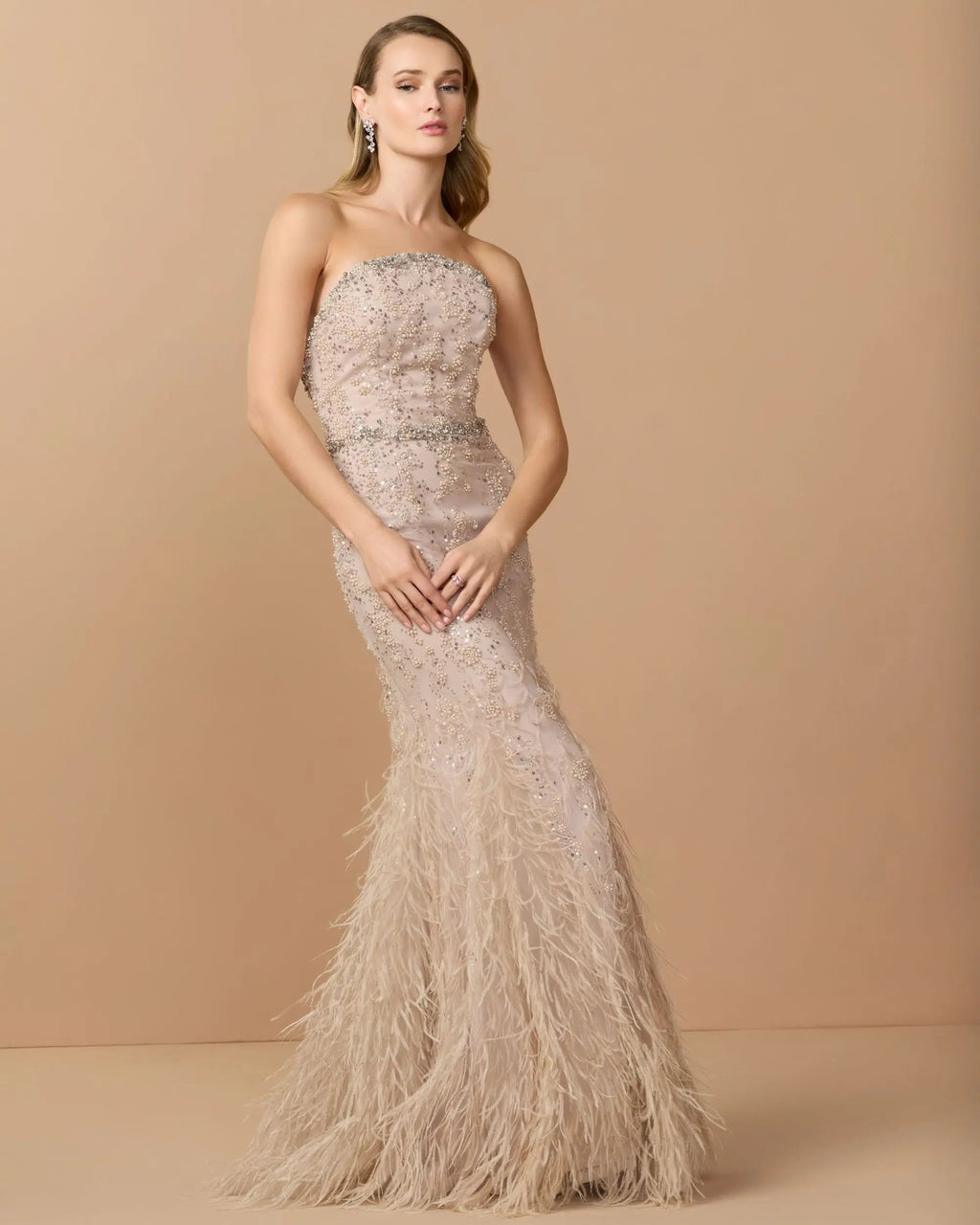 Beige Strapless Embellished Mermaid Gown With Feather Hem