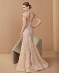 Pink Embroidered Lace Mermaid Gown With Cap Sleeves