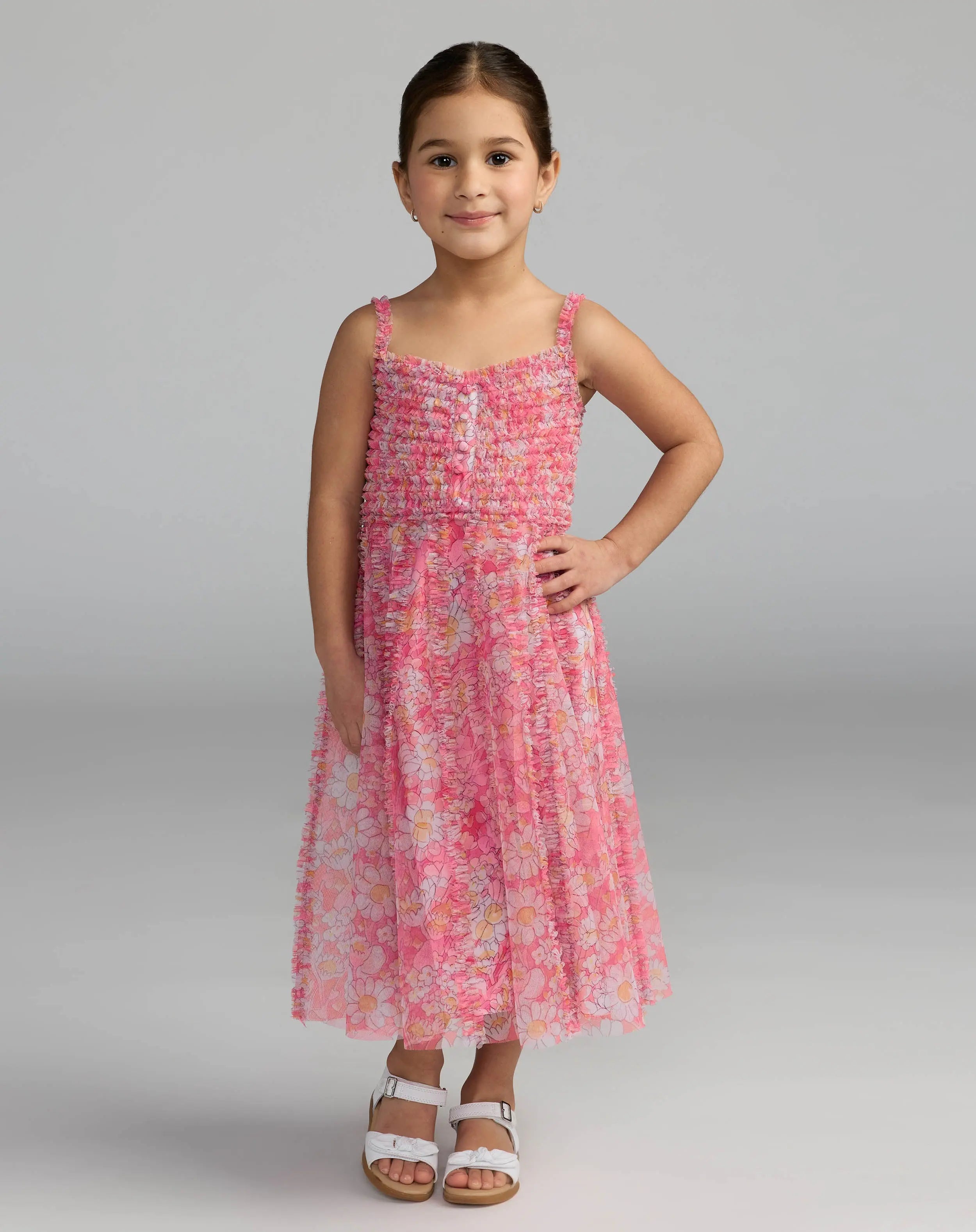 Girls Pink Floral Print Ruffle Mini Dress