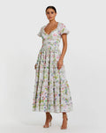 White Floral Ruffle Cotton Midi Dress