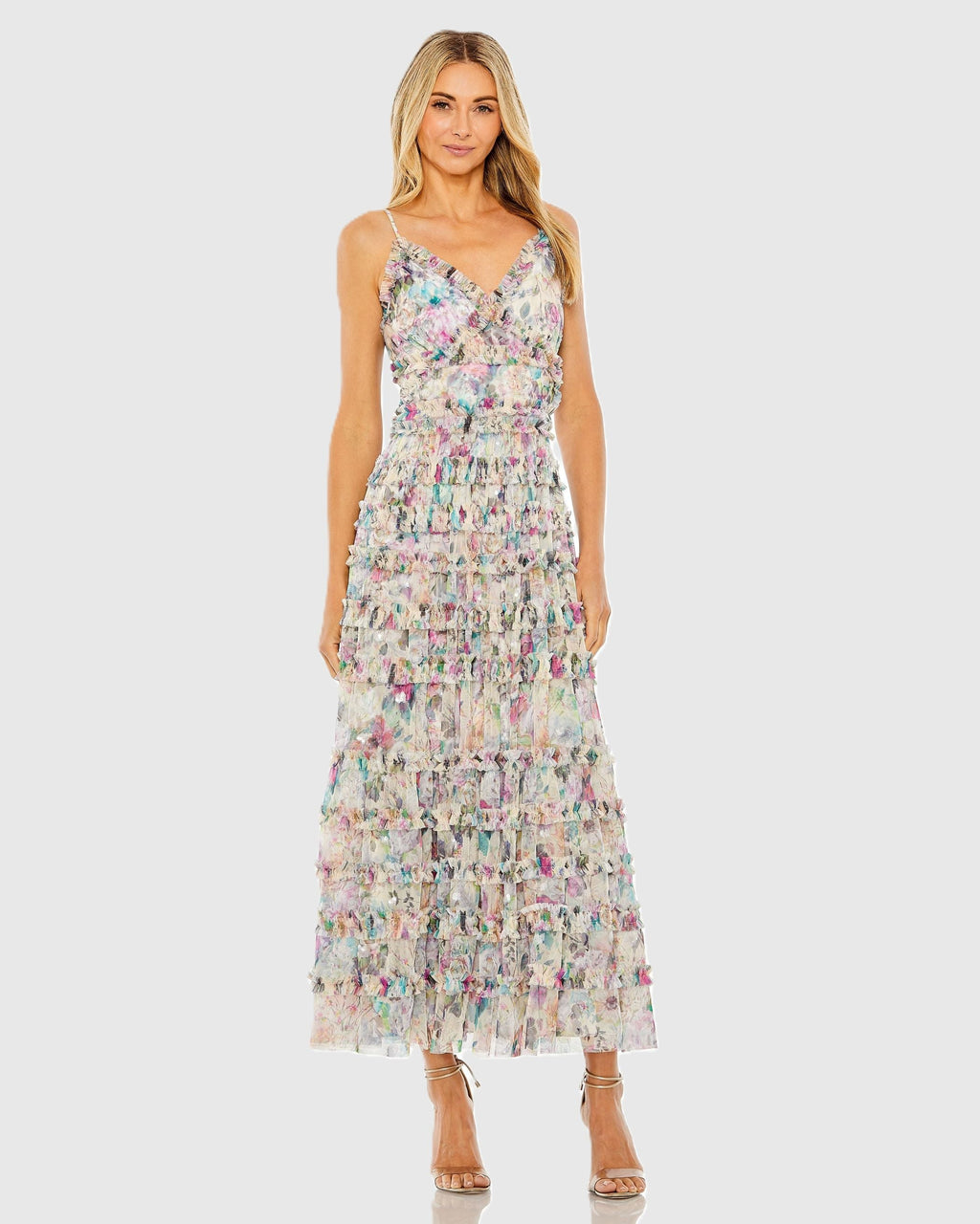 Multicolor Floral Sequined Tiered Ruffle Midi Dress