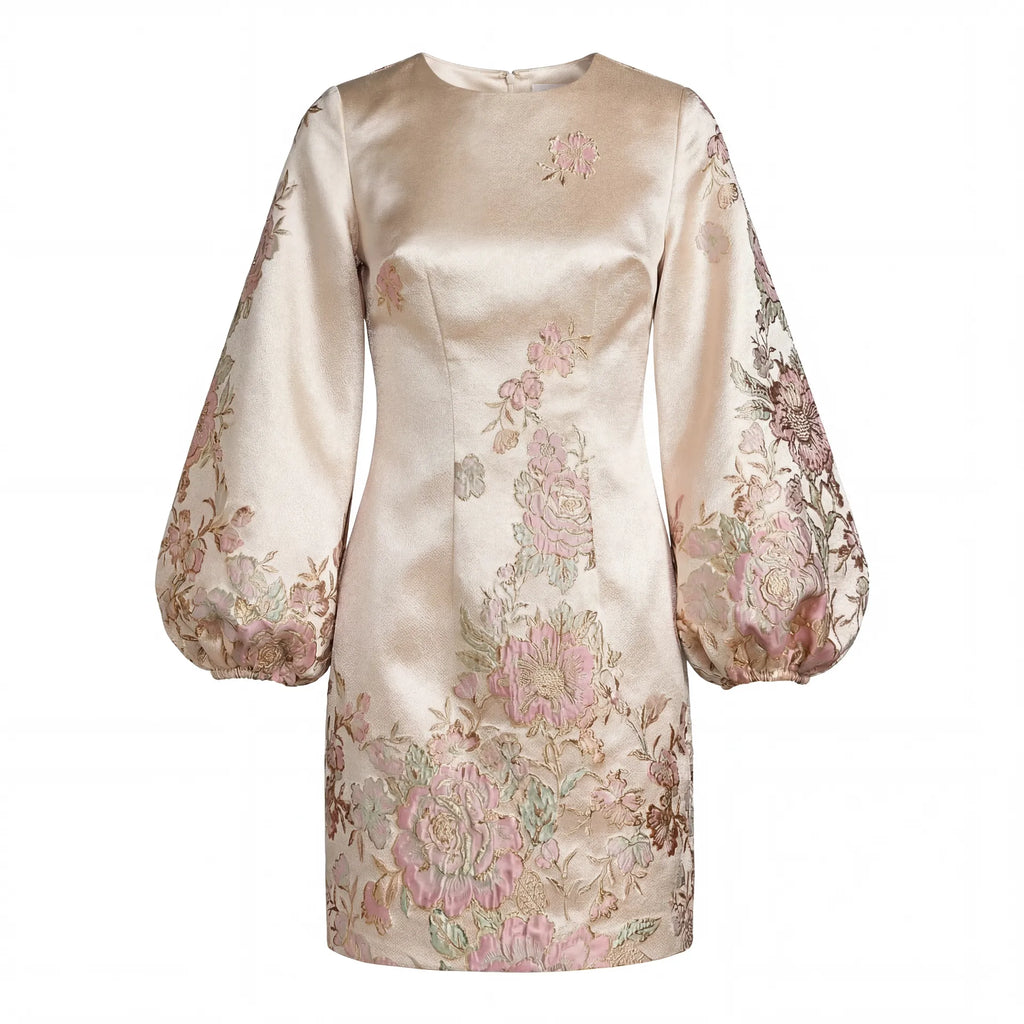 Ivory Brocade High Neck Long Sleeve Mini Dress