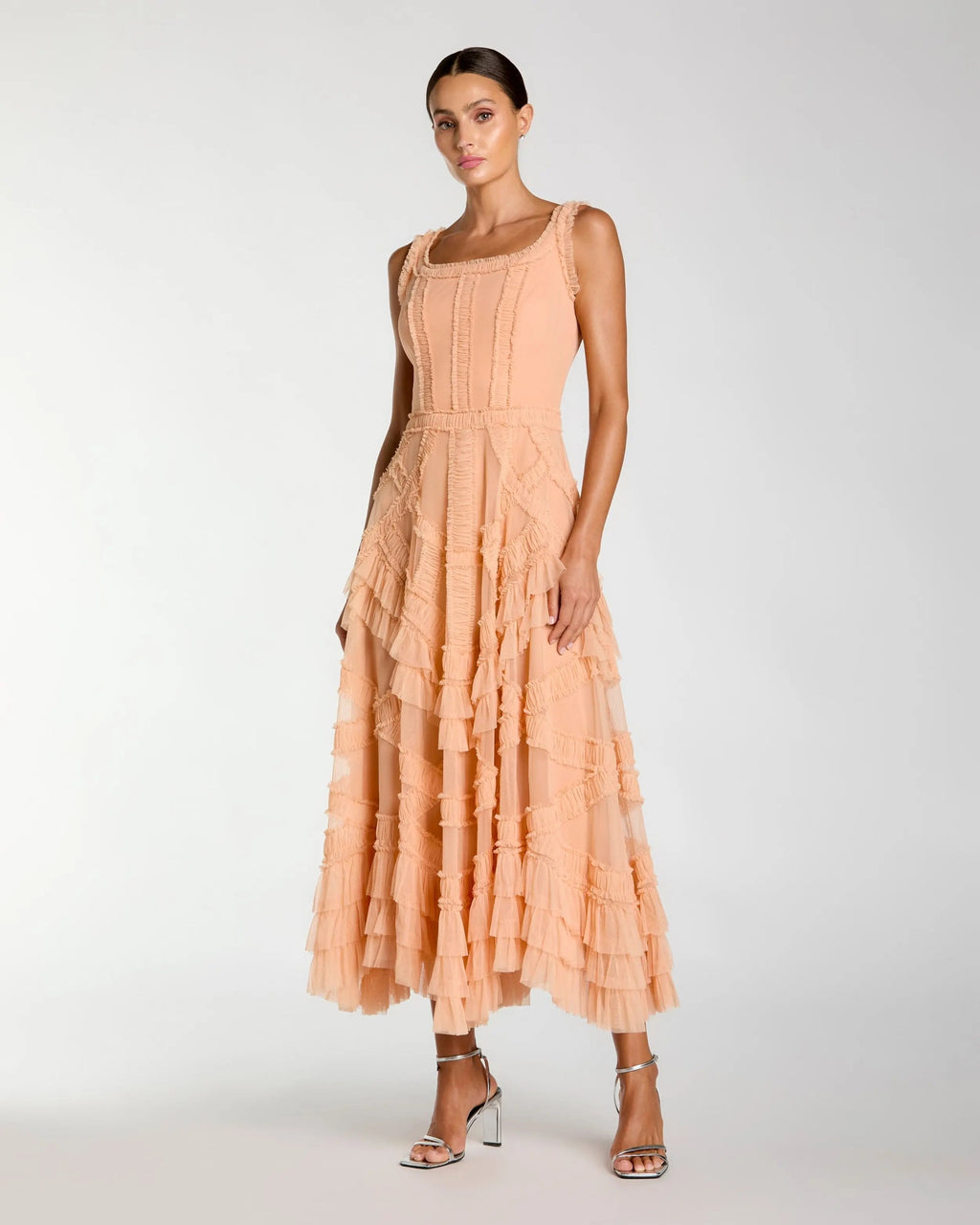 Orange Scoop Neck Sleeveless Micro Ruffle Midi Dress