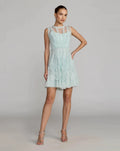 Light Blue High Neck Sleeveless Micro Ruffle Mini Dress