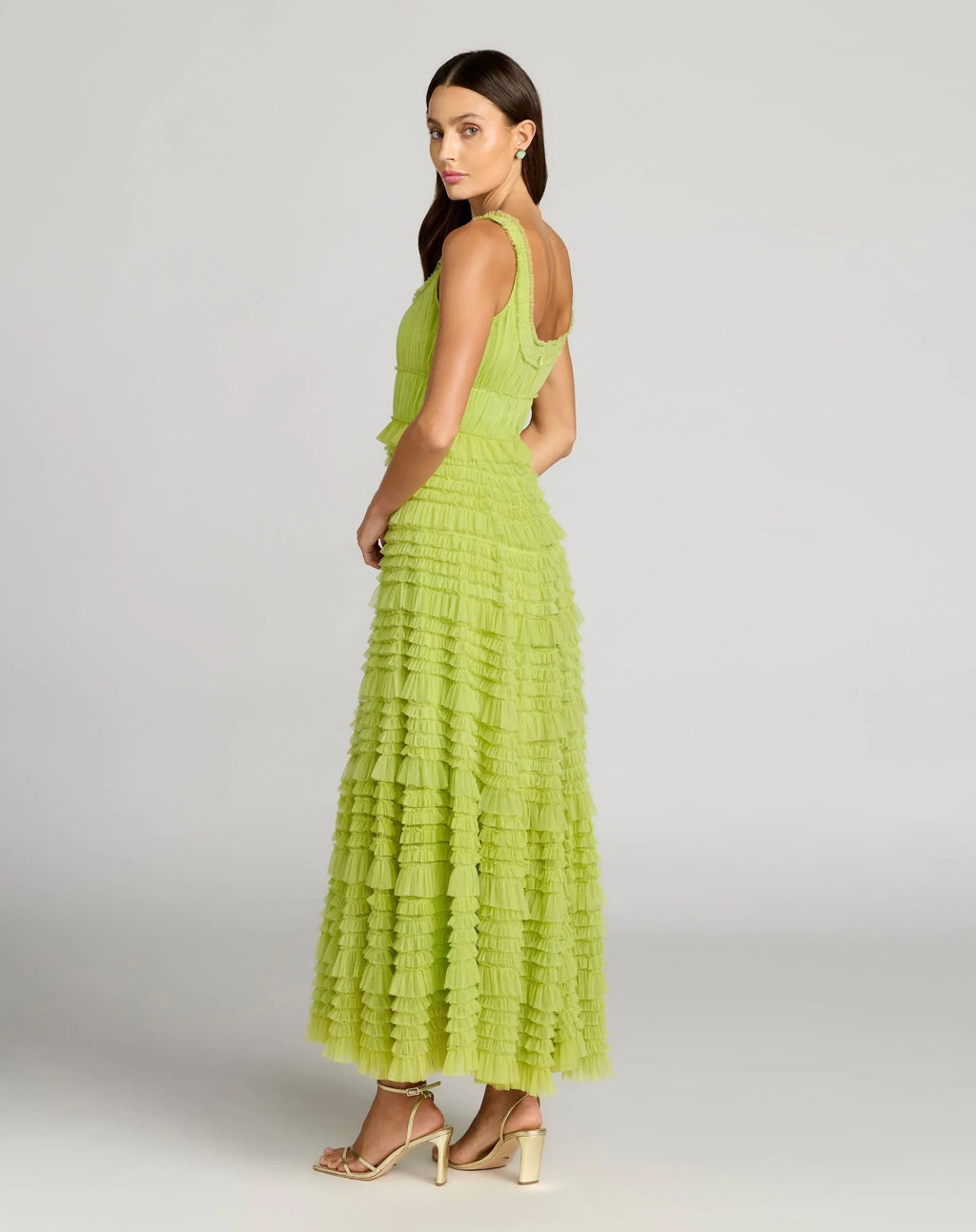 Green Micro Ruffle Sleeveless Scoop Neck Maxi Dress