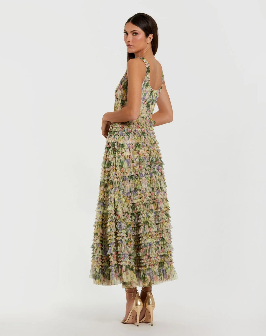 Yellow Multicolor Floral Printed Ruffle Midi Dress