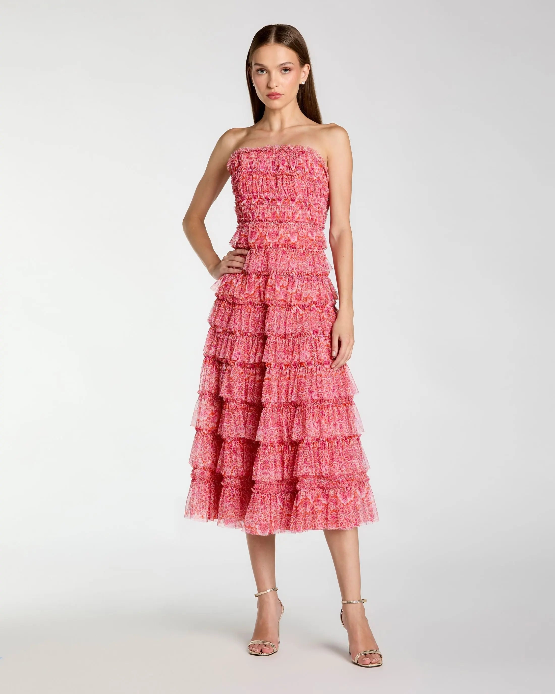 Pink Floral Strapless Ruffle Midi Dress
