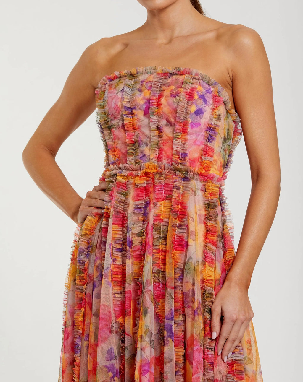 Multicolor Strapless Floral Ruffle Dress