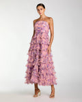 Pink Floral Ruffle Tiered Strapless Midi Dress