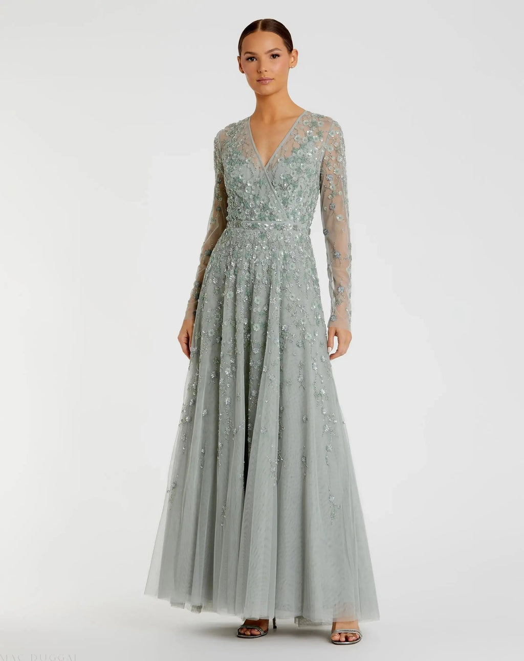 Green Embellished Wrap Over Illusion Long Sleeve A Line Gown - FINAL SALE
