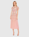 Pink Embellished Illusion High Neck Butterfly Sleeve Midi Dress