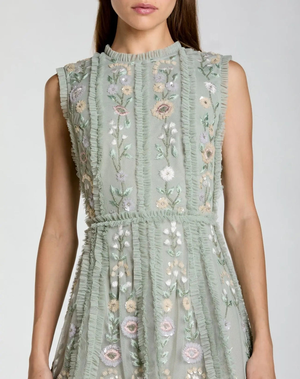 Green Sleeveless High Neck Embroidered Mini Dress