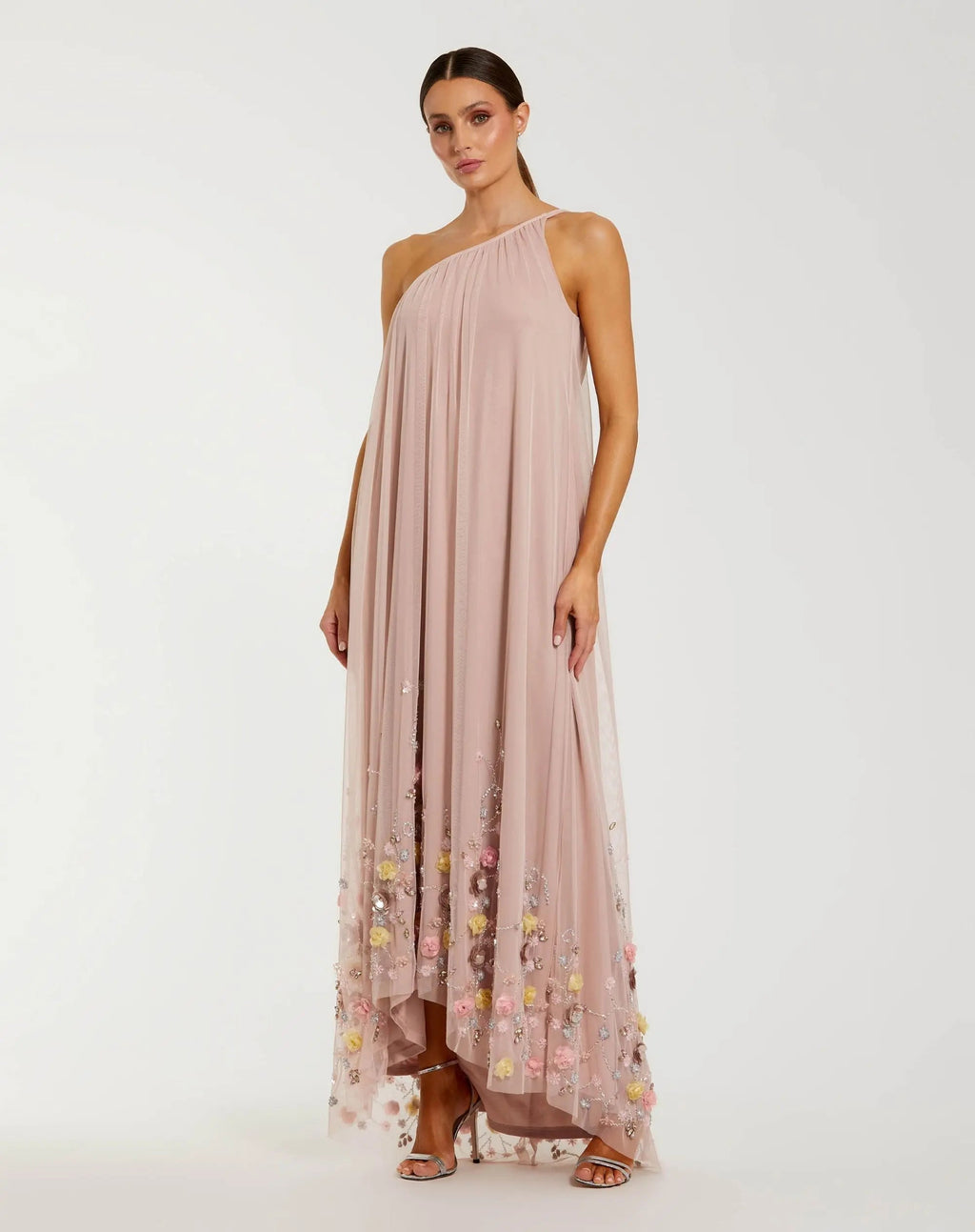 Pink One Shoulder High Low Embellished Trapeze Gown