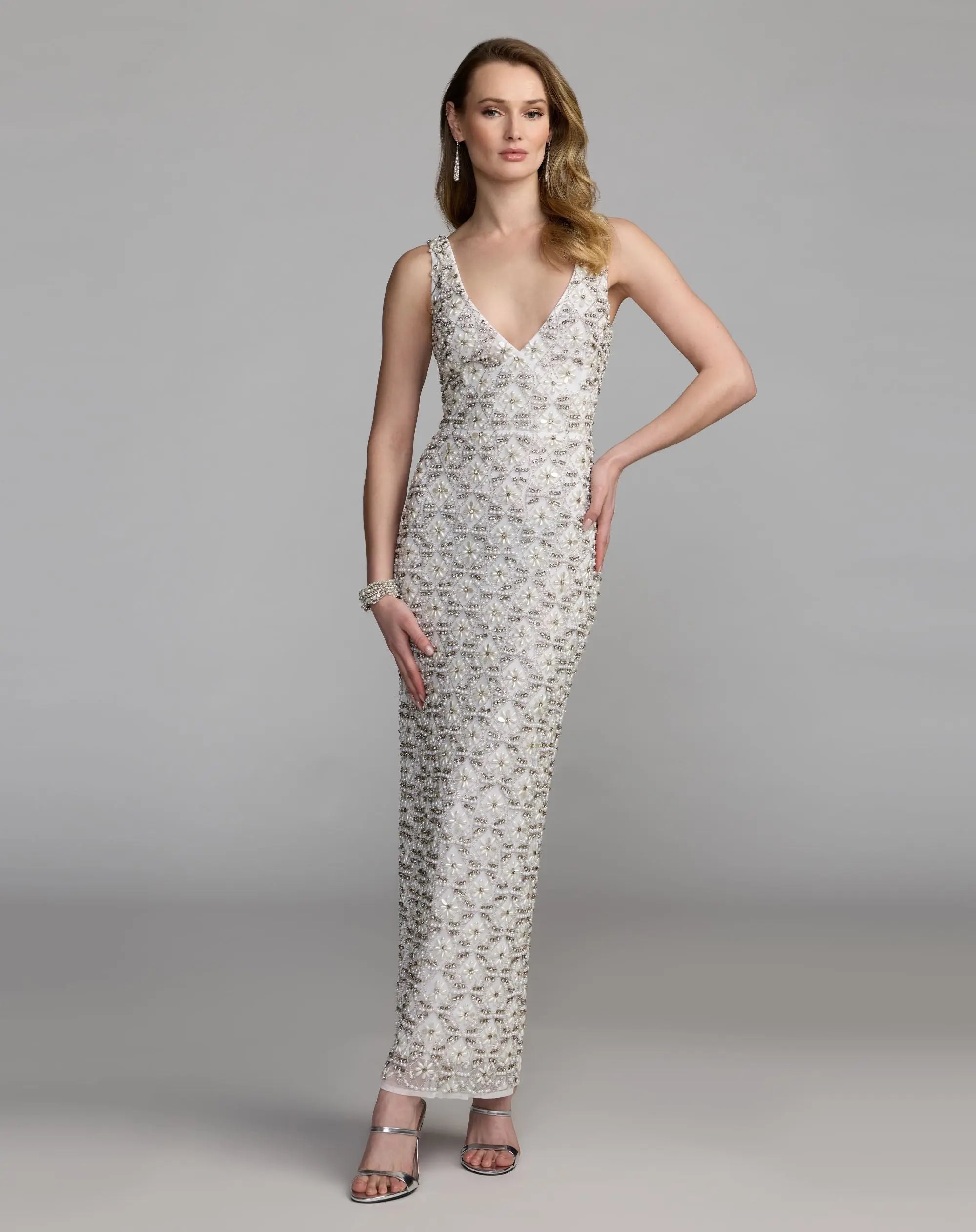 White Pearl Embellished Sleeveless Column Dress