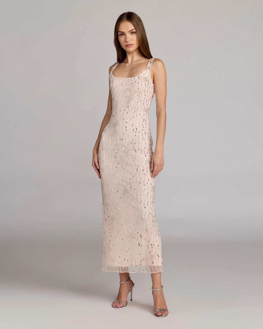 Pink Scoop Neck Embellished Dress With Bow Detail
