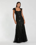 Sleeveless Mesh Gown With Floral Shoulder Detail