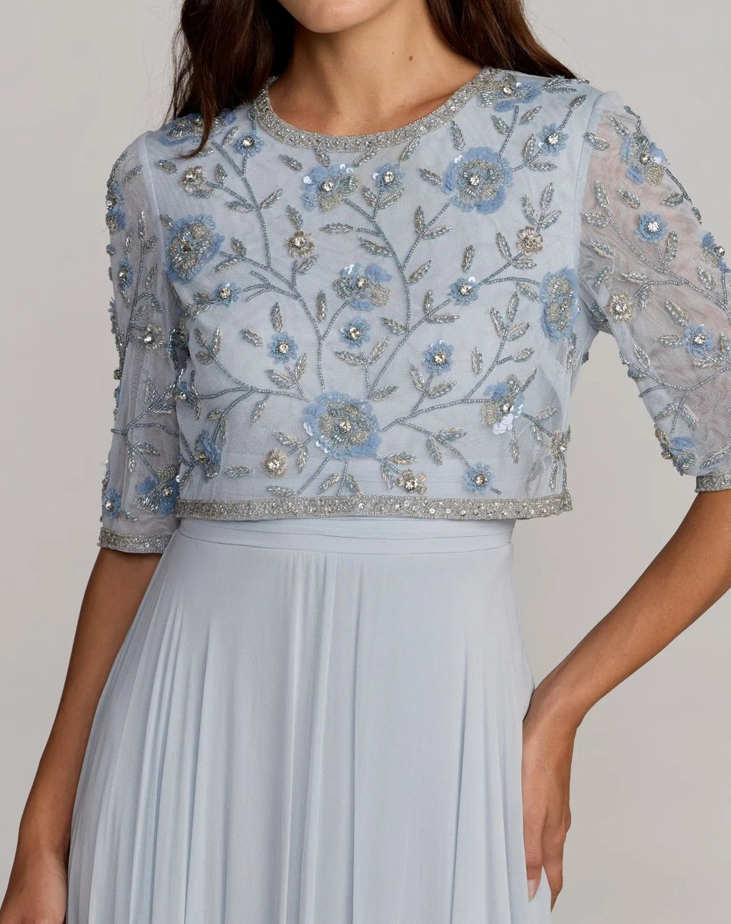Blue High Neck Embellished Top With Chiffon Skirt Gown