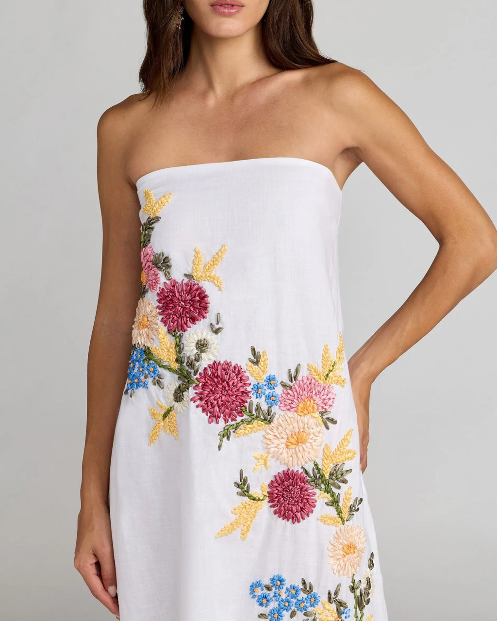 White Strapless Floral Embroidered Linen Gown