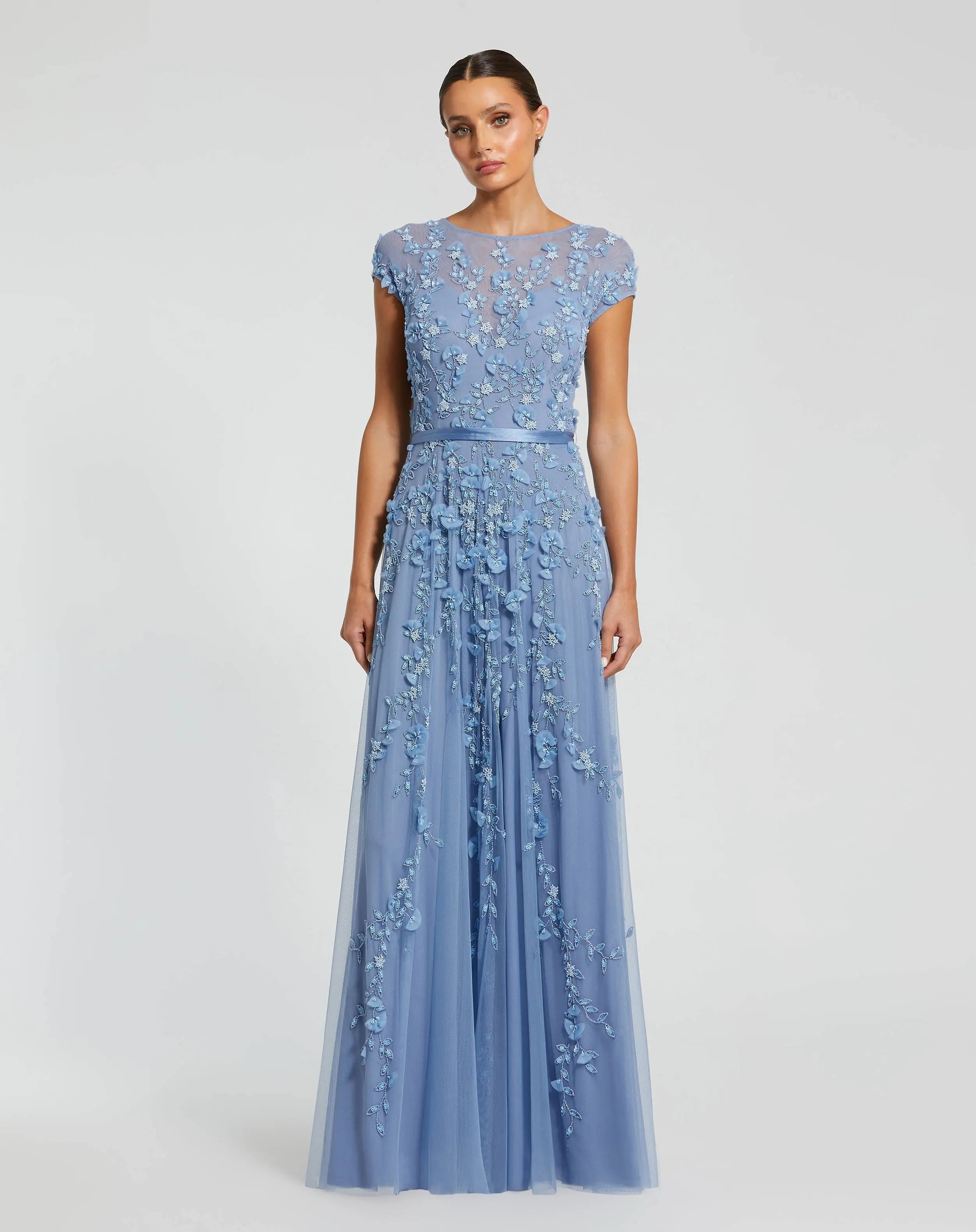 Petite Blue Floral Embellished Cap Sleeve Gown
