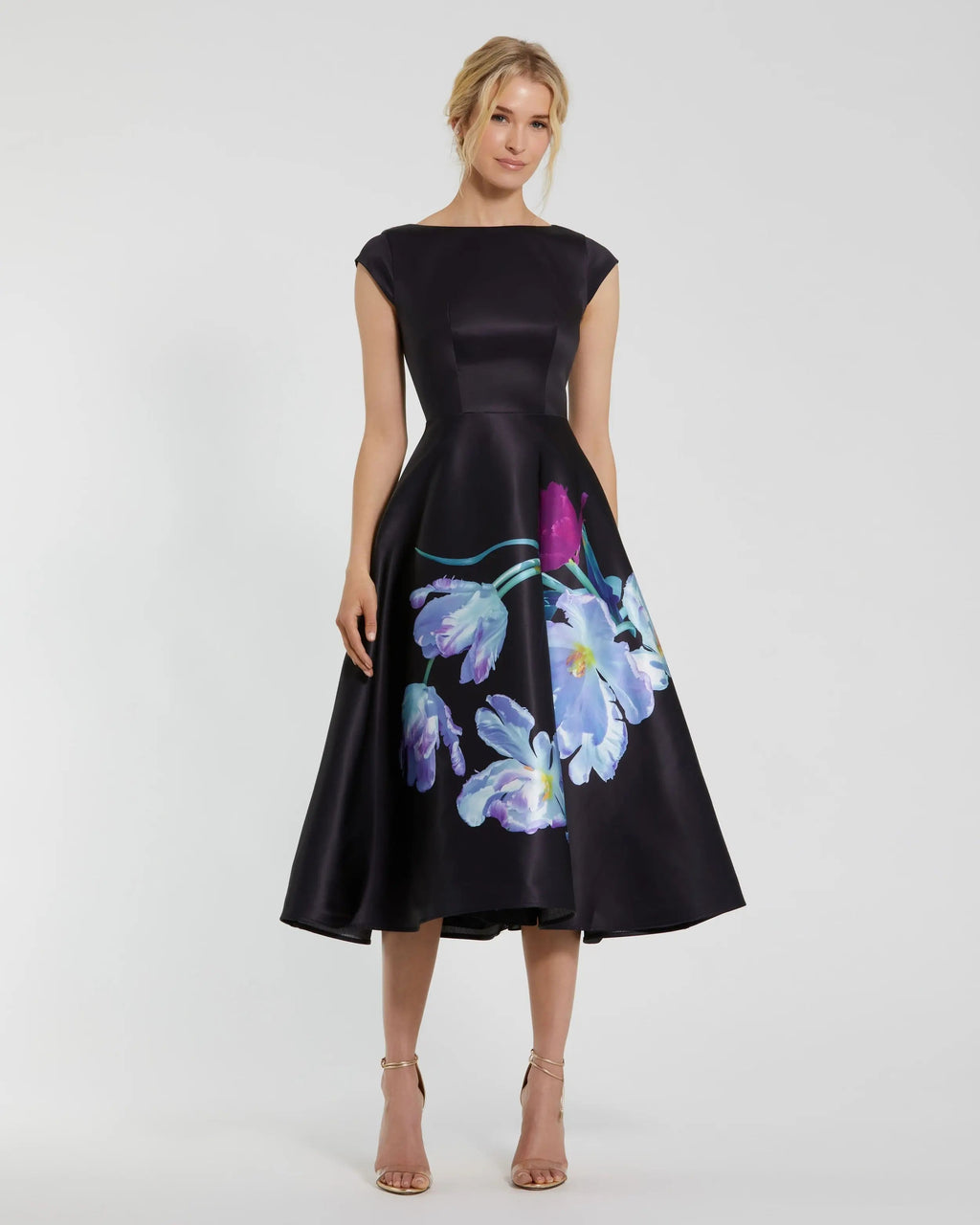 Petite Black Satin Cap Sleeve Midi Dress With Floral Print