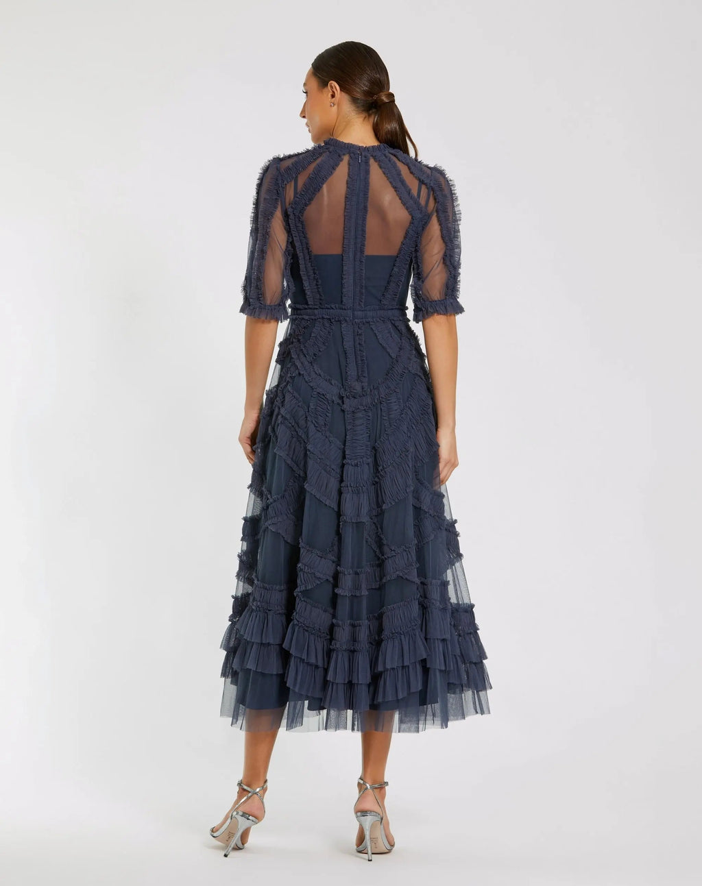 Petite Navy High Neck Ruffle Tiered A-Line Midi Dress