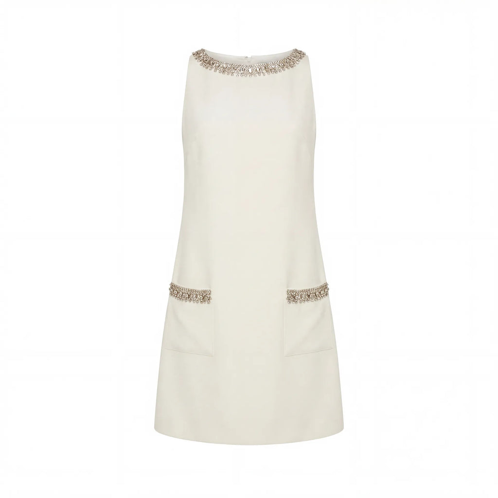 Ivory Sleeveless Shift Mini Dress with Rhinestone Trim